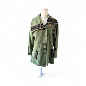 Elegant Olive Women's Swing Wool Jacket with Patterned Details XL